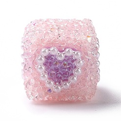Pink Abalorios de acrílico, sin agujero / sin perforar, cubo con el corazón, rosa, 18x17x18 mm