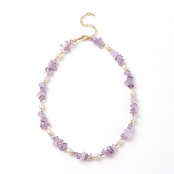 Amatista Collar de perlas y chips de amatista natural, joyas de piedras preciosas para mujeres, 15.35 pulgada (39 cm)