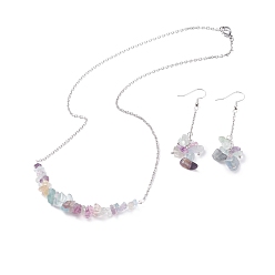 Fluorite Natural Fluorite Chips Beaded Jewelry Set, Gemstone Pendant Necklace & Cluster Dangle Earrings with 304 Stainless Steel Cable Chains for Women, Stainless Steel Color, 60mm, Pin: 0.6mm,19.29 inch(49cm)