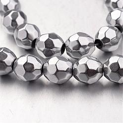 Silver Plated Electroplate Non-magnetic Synthetic Hematite Bead Strands, Faceted, Round, Silver Plated, 8x8mm, Hole: 1mm, about 49pcs/strand, 15.7 inch