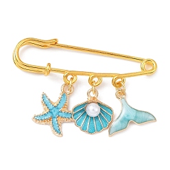 Turquoise Marine Theme Pendant Alloy Enamel Brooches, Golden Iron Kilt Pins for Women, Starfish & Shell & Fishtail, Turquoise, 36.5x50x5.5mm