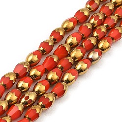 Rouge Brins de perles de verre électrolytiques à facettes, couleur opaque, plaqué or, ovale, rouge, 6.5~7x4mm, Trou: 0.8mm, Environ 50 pcs/chapelet, 13.39'' (34 cm)
