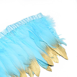 Sky Blue Golden Plated Goose Feather Cloth Strand Costume Accessories, Dyed, Sky Blue, 150~180x4mm, about 2m/bag