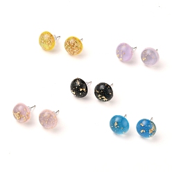 Mixed Color Half Round Resin Stud Earring, with Glitter Powder, Gold Foil, 304 Stainless Steel Pins and Plastic Ear Nuts, Mixed Color, 12x5.5mm, Pin: 0.6mm