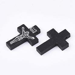 Noir Pendentifs en bois imprimées, crucifix croix, pour Pâques, teint, noir, 32.5~33.5x21~22x4.5mm, Trou: 2mm