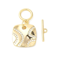 Real 18K Gold Plated Brass Micro Pave Clear Cubic Zirconia Toggle Clasps, Square, Real 18K Gold Plated, Pendant: 14x14x1.5mm, Hole: 6mm, Bar: 13.5x3x1mm, Hole: 1mm