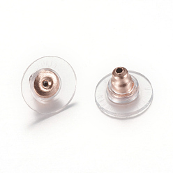 Or Rose 304 dos de boucle d'oreille embrayage en acier inoxydable, avec des patins en plastique, écrous d'oreille, or rose, 12x12x6mm, Trou: 1mm, convient pour une broche de 0.6~0.8 mm
