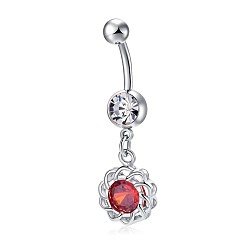Red Piercing Jewelry, Brass Cubic Zirconia Navel Ring, Navel Ring Belly Rings, with 304 Stainless Steel Bar, Lead Free & Cadmium Free, Flower, Platinum, Red, 42x9.5mm, Bar Length: 3/8"(10mm), Bar: 14 Gauge(1.6mm)