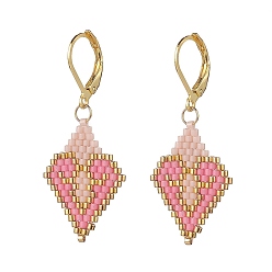 Pearl Pink Glass Seed Braided Rhombus with Heart Dangle Leverback Earrings, 304 Stainless Steel Drop Earrings for Women, Pearl Pink, 44mm, Pin: 0.7mm