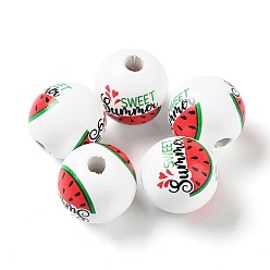 Red Summer Theme Printed Wood European Beads, Large Hole Watermelon Print Round Beads, Red, 16mm, Hole: 4mm