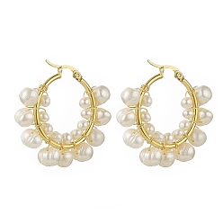 Real 18K Gold Plated Natural Pearl Beaded Hoop Earrings, 304 Stainless Steel Wire Wrap Jewelry for Women, Real 18K Gold Plated, 36x40x8mm, Pin: 0.6~1.2x0.6mm