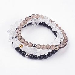 Mixed Stone Natural Mixed Gemstone Stretch Bracelets, Smoky Quartz & Obsidian & Quartz Crystal, with 304 Stainless Steel Beads, Cardboard Jewelry Box Packing, 2 inch~2-1/4 inch(52~57mm), 3strands/set