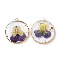 Indigo Transparent Clear Epoxy Resin Pendants, with Edge Golden Plated Brass Loops and Gold Foil, Flat Round Charms with Inner Flower, Indigo, 33.8x30x4mm, Hole: 2.5mm