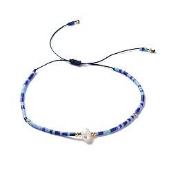 Bleu Foncé Bracelets de perles tressées en perles d'imitation de verre et graines, bracelet réglable, bleu foncé, 11 pouce (28 cm)