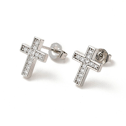 Platinum Clear Cubic Zirconia Cross Stud Earrings, Rack Plating Brass Jewelry for Women, Lead Free & Cadmium Free, Platinum, 10.5x8.5mm, Pin: 0.7mm