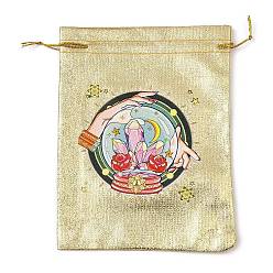 Flower Rectangle Polyester Bags with Nylon Cord, Drawstring Pouches, for Gift Wrapping, Gold, Flower, 177~182x127~135x1mm