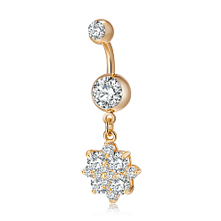 Clear Piercing Jewelry, Brass Cubic Zirconia Navel Ring, Belly Rings, with Surgical Stainless Steel Bar, Cadmium Free & Lead Free, Real 18K Gold Plated, Flower, Clear, 38x14mm, Bar: 15 Gauge(1.5mm), Bar Length: 3/8"(10mm)