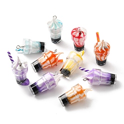 Mixed Color Translucent Resin Pendants, Drink Charms, Juice Ice Cream Cup with Metal Loops, Mixed Color, 27.5x13mm, Hole: 1.8mm, about 10pcs/bag