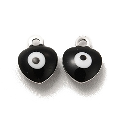 Black 304 Stainless Steel Evil Eye Enamel Charms, Heart Charm, Stainless Steel Color, Black, 8x6x3mm, Hole: 1mm