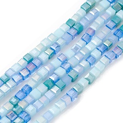 Pale Turquoise Gradient Color Electroplate Glass Bead Strands, AB Color Plated, Faceted, Cube, Pale Turquoise, 4x4x4mm, Hole: 1.2mm, about 94~97pcs/strand, 14.84~15.28 inch(37.7~38.8cm)