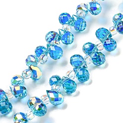 Deep Sky Blue Electroplate Transparent Glass Beads Strands, AB Color Plated, Faceted Teardrop, Top Drilled, Deep Sky Blue, 6x4mm, Hole: 0.8mm, about 97~102pcs/strand, 10.63''~14.80''(27~37.6cm)