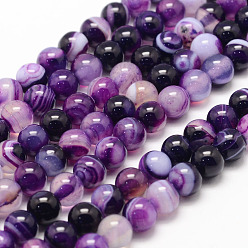 Purple Natural Striped Agate/Banded Agate Bead Strands, Round, Dyed & Heated, Purple, 8mm, Hole: 1mm, about 47~48pcs/strand, 14.5 inch