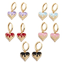 Mixed Color Brass Enamel Huggie Hoop Earrings, Long-Lasting Plated, Heart, Golden, Mixed Color, 30mm, Pin: 1mm
