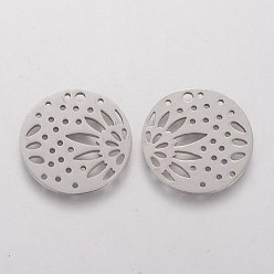 Stainless Steel Color 201 Stainless Steel Pendants, Flat Round with Flower, Stainless Steel Color, 20x1.1mm