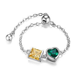 Platinum SHEGRACE Adjustable Rhodium Plated 925 Sterling Silver Finger Ring Chain, with AAA Cubic Zirconia, Green Heart and Yellow Square, Platinum, 60mm