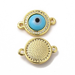 Deep Sky Blue Rack Plating Real 18K Gold Plated Brass Micro Pave Clear Cubic Zirconia Connector Charms, Flat Round with Evil Eye Links, with Handmade Lampwork, Cadmium Free & Lead Free, Long-Lasting, Deep Sky Blue, 18.5x13x4mm, Hole: 1.4mm