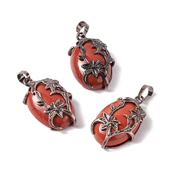 Red Jasper Natural Red Jasper Pendants, with Red Copper Tone Brass Findings, Cadmium Free & Lead Free, Oval with Flower Charm, 33x20x9mm, Hole: 5x8mm