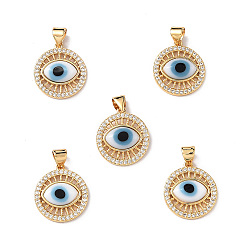 White Lampwork Evil Eye Pendants with Clear Cubic Zirconia, Real 18K Gold Plated Brass Findings, Lead Free & Cadmium free, White, 18x16x4mm, Hole: 3x3.5mm
