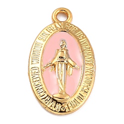 Pink Golden Alloy Enamel Pendants, Long-Lasting Plated, Our Lady of the Miraculous Medal, Oval, Pink, 21x12x1.5mm, Hole: 1.7mm