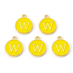 Letter W Golden Plated Alloy Enamel Charms, Enamelled Sequins, Flat Round with Letter, Gold, Letter.W, 14x12x2mm, Hole: 1.5mm