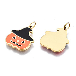Real 14K Gold Plated 316 Surgical Stainless Steel Enamel Charms, with Jump Rings, for Halloween, Pumpkin, Coral, Real 14K Gold Plated, 14x12x1mm, Jump Ring: 3.4x0.5mm, 2.4mm inner diameter