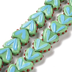 Dark Sea Green Heart Handmade Lampwork Beads Strands, Dark Sea Green, 14~14.5x16.5~17x6.5~7mm, Hole: 1.5mm, about 30pcs/strand, 14.96~15.16 inch(38~38.5cm)