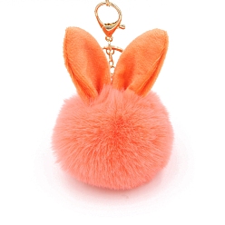 Light Coral Easter Rabbit Faux Fluffy Ball Pendant Keychains, with Alloy Finding, Light Coral, 90~100mm