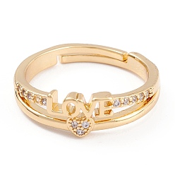 Настоящее золото 18K Регулируемые латунные кольца с прозрачным фианитом, долговечный, Слово любовь, реальный 18 k позолоченный, 2.5~6.5 мм, внутренний диаметр: 17.4 мм