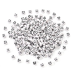 Blanc Perles acryliques opaques, plat rond avec une expression aléatoire noire, blanc, 7x4mm, Trou: 1.6mm, 200 pièces / kit