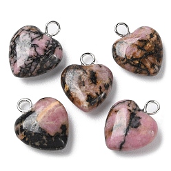 Rhodonite Natural Rhodonite Pendants, Heart Charms with Platinum Plated Brass Loops, 14.8~15x12x4.1~4.6mm, Hole: 2mm