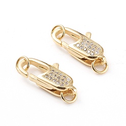 Real 18K Gold Plated Brass Micro Pave Clear Cubic Zirconia Lobster Claw Clasp, with Jump Rings, Long-Lasting Plated, Real 18K Gold Plated, 19.5x9.5x5mm, Hole: 3.2mm