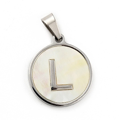 Letter L 304 Stainless Steel with White Shell Pendants, Stainless Steel Color, Flat Round with Letter Charm, Letter.L, 18x16x1.5mm, Hole: 3x6mm