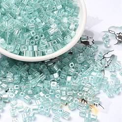 Medium Turquoise Glass Seed Beads, Transparent Lustered Glass, Square Hole, Square, Medium Turquoise, 4x4x4mm, Hole: 1.2mm, 5000pcs/pound