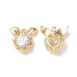 Real 18K Gold Plated Brass Micro Pave Cubic Zirconia Pendants, with Glass, Heart Charm, Real 18K Gold Plated, 16.5x16x5mm, Hole: 1mm