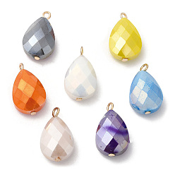 Mixed Color Imitation Jade Glass Pendants, with Golden Brass Loops, Faceted, Teardrop Charms, Mixed Color, 22~23x13x7.5~9mm, Hole: 1.5~2mm