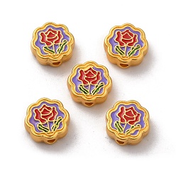 Red Alloy Enamel Beads, Matte Gold Color, Flower, Red, 10.8x11x4.2mm, Hole: 1.8mm