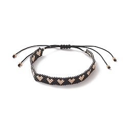 Noir Bracelets de perles tressées en forme de cœur de graines japonaises faites à la main, bracelet réglable pour femme, noir, diamètre intérieur: 2-1/8~4-3/8 pouce (5.5~11 cm)