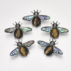 Tiger Eye Natural Tiger Eye Brooches/Pendants, with Rhinestone and Alloy Findings, Abalone Shell/Paua Shelland Resin Bottom, Bee, Antique Silver, 36x56.5x14mm, Hole: 7x4mm, Pin: 0.7mm