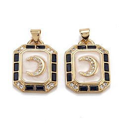 Real 18K Gold Plated Brass Micro Pave Clear Cubic Zirconia Pendants, with Enamel, Octagon with Moon, Blue, Real 18K Gold Plated, 23x17.5x3mm, Hole: 5.5x3.5mm