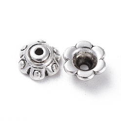 Antique Silver Tibetan Style Alloy Bead Caps, Lead Free & Nickel Free & Cadmium Free, Flower, Antique Silver, 7x3mm, Hole: 1.5mm